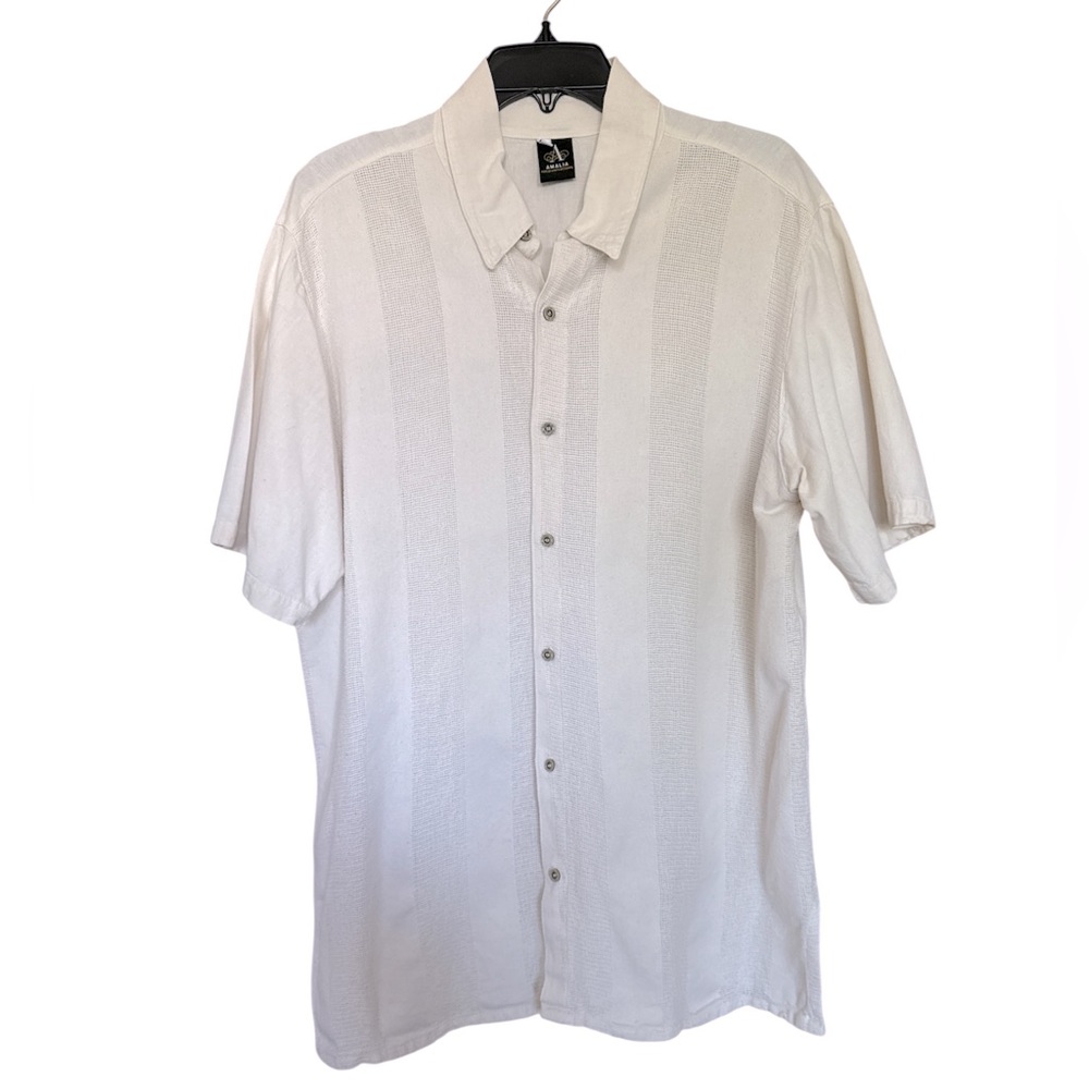 Amalia Men’s Cotton Casual Button Down Shirt loose woven detail Cream Large/XL